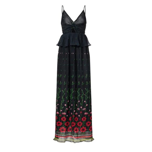 Sabina Musayev Black Pleated Gown SMALL Tiered Maxi Dress Floral Cut Out $430 - Picture 3 of 11